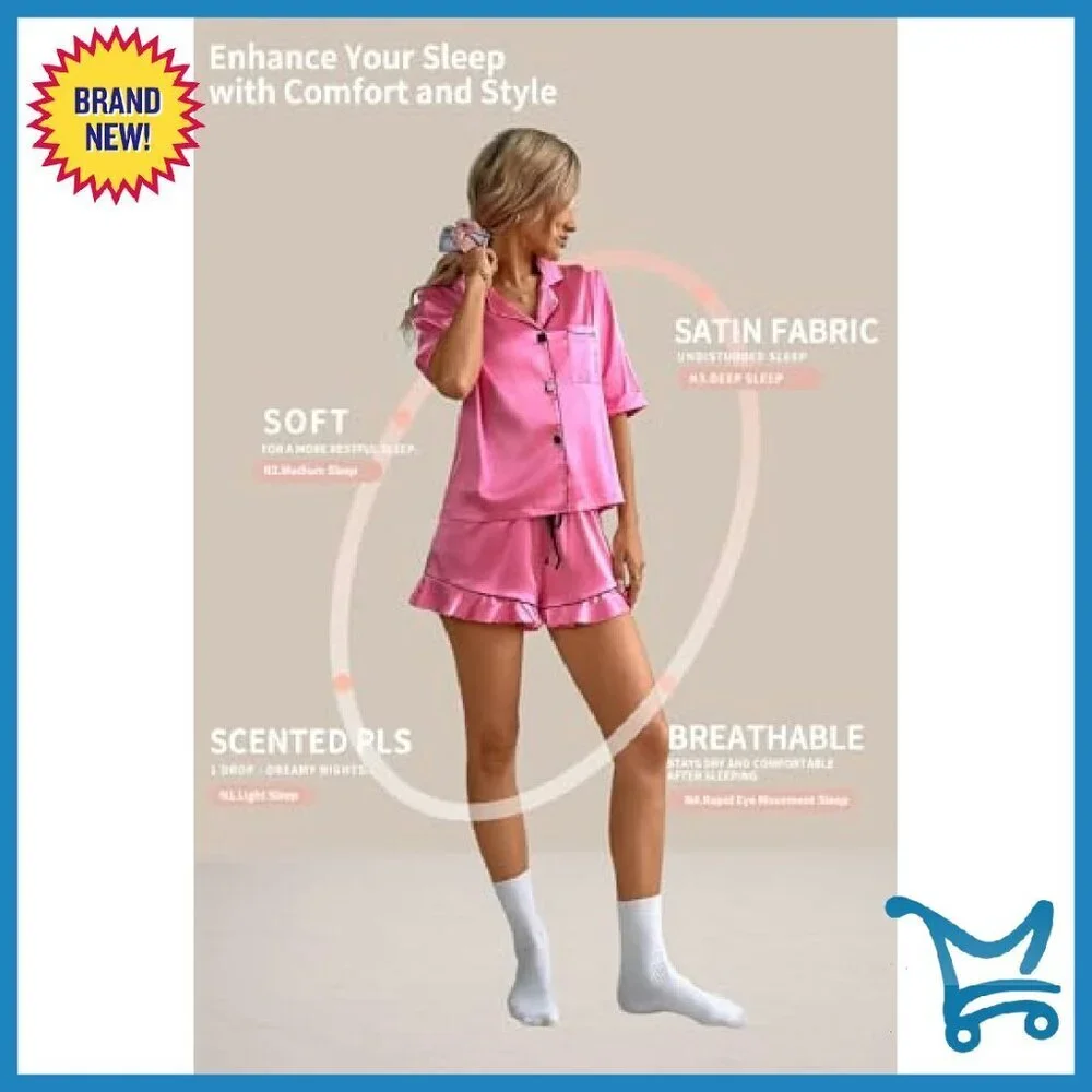 Silk Satin Pajama Set with Magnetic Diffuser, Short Sleeve & Ruffled Shorts